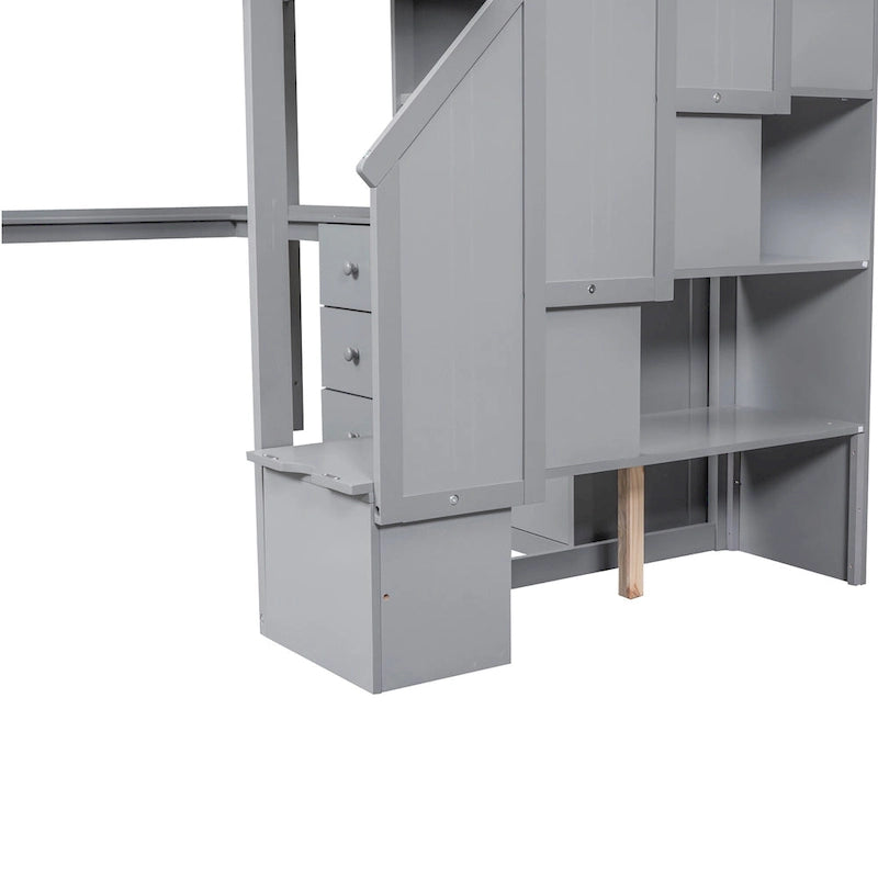 Twin Loft Bed with L-Shaped Desk Drawers Cabinet Storage Staircase Gray White