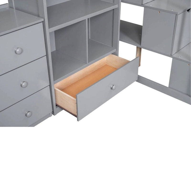 Twin Loft Bed with L-Shaped Desk Drawers Cabinet Storage Staircase Gray White