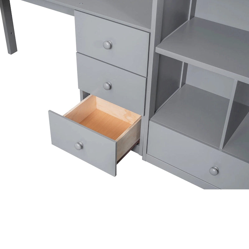Twin Loft Bed with L-Shaped Desk Drawers Cabinet Storage Staircase Gray White