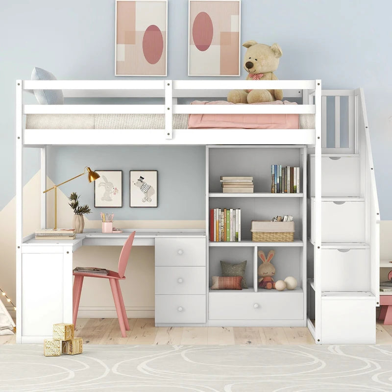 Twin Loft Bed with L-Shaped Desk Drawers Cabinet Storage Staircase Gray White
