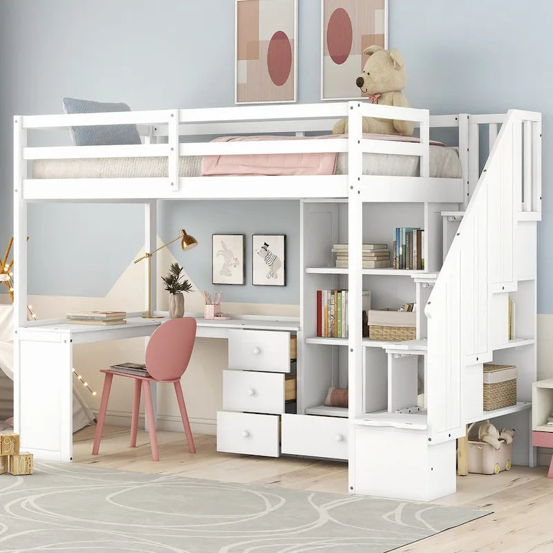 Twin Loft Bed with L-Shaped Desk Drawers Cabinet Storage Staircase Gray White