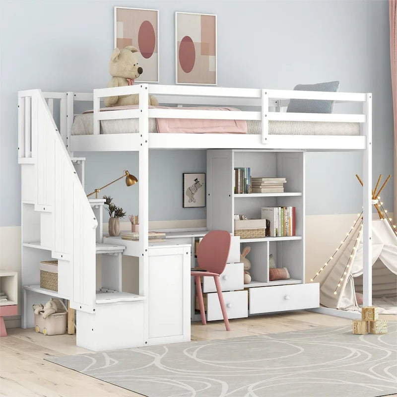 Twin Loft Bed with L-Shaped Desk Drawers Cabinet Storage Staircase Gray White