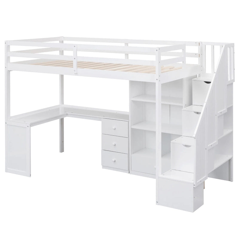 Twin Loft Bed with L-Shaped Desk Drawers Cabinet Storage Staircase Gray White