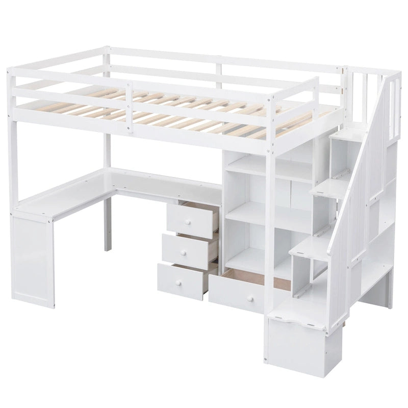 Twin Loft Bed with L-Shaped Desk Drawers Cabinet Storage Staircase Gray White