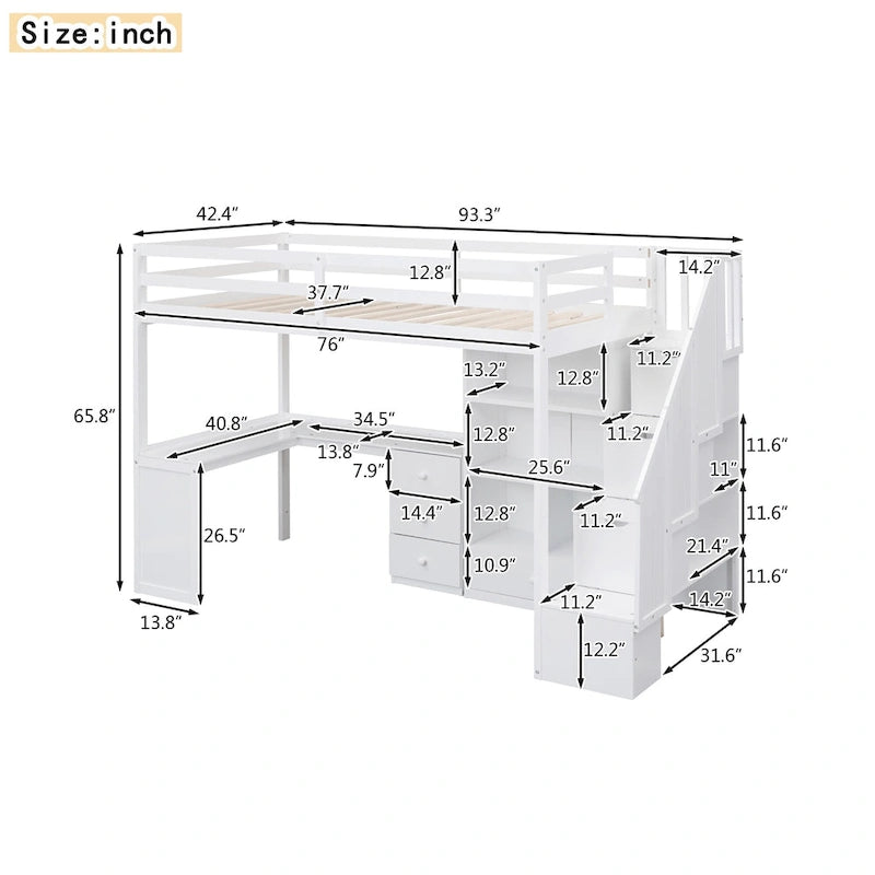 Twin Loft Bed with L-Shaped Desk Drawers Cabinet Storage Staircase Gray White