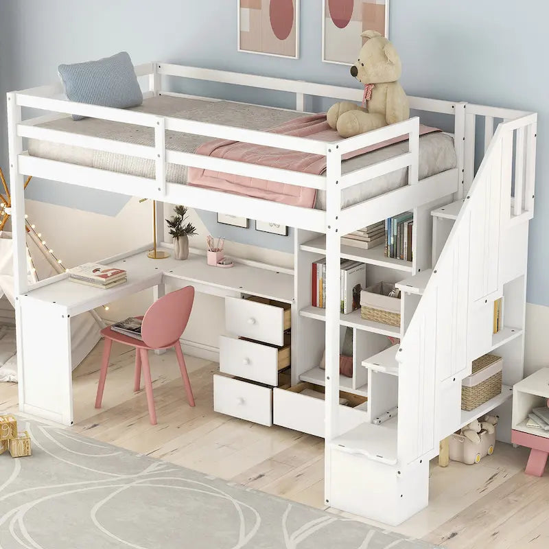 Twin Loft Bed with L-Shaped Desk Drawers Cabinet Storage Staircase Gray White