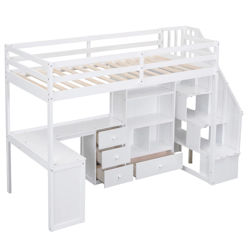 Twin Loft Bed with L-Shaped Desk Drawers Cabinet Storage Staircase Gray White