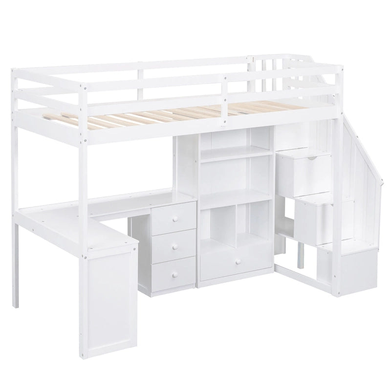 Twin Loft Bed with L-Shaped Desk Drawers Cabinet Storage Staircase Gray White