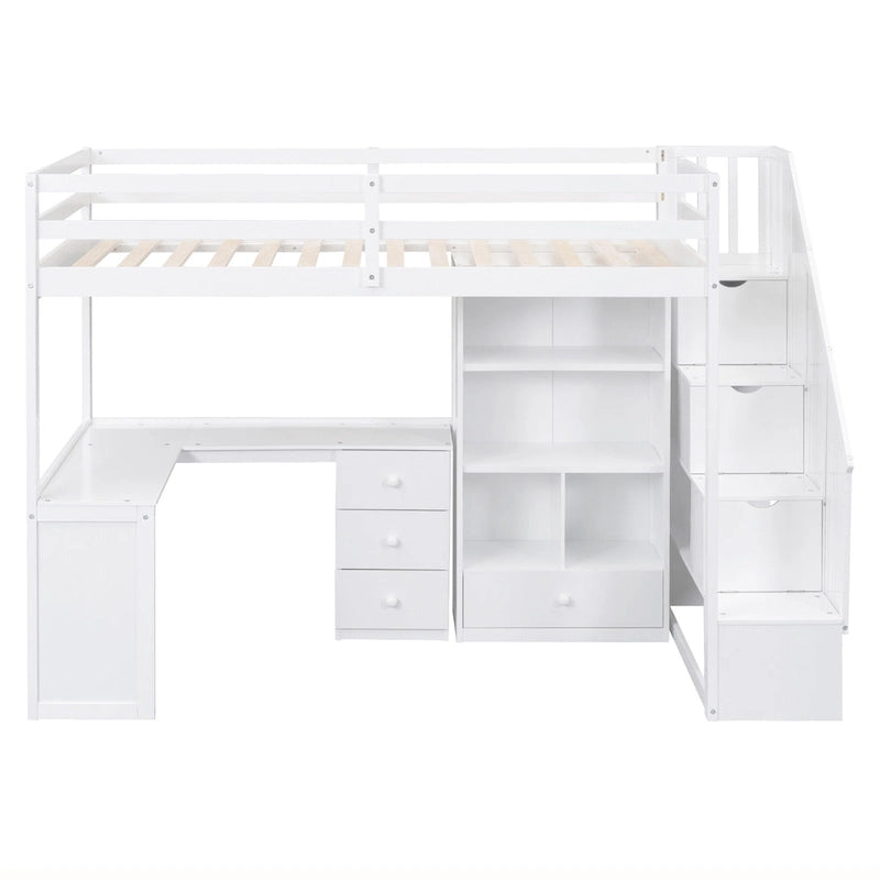 Twin Loft Bed with L-Shaped Desk Drawers Cabinet Storage Staircase Gray White