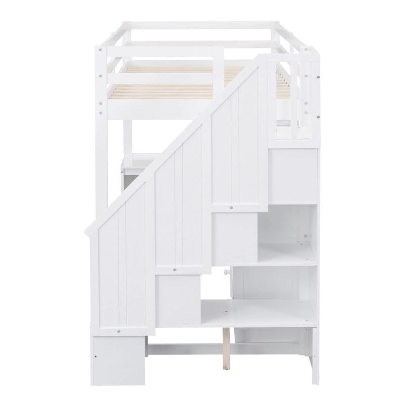 Twin Loft Bed with L-Shaped Desk Drawers Cabinet Storage Staircase Gray White