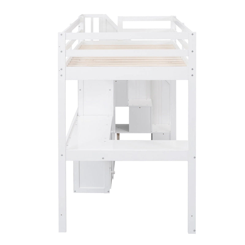 Twin Loft Bed with L-Shaped Desk Drawers Cabinet Storage Staircase Gray White