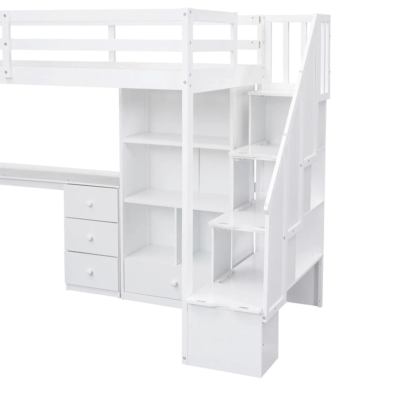 Twin Loft Bed with L-Shaped Desk Drawers Cabinet Storage Staircase Gray White