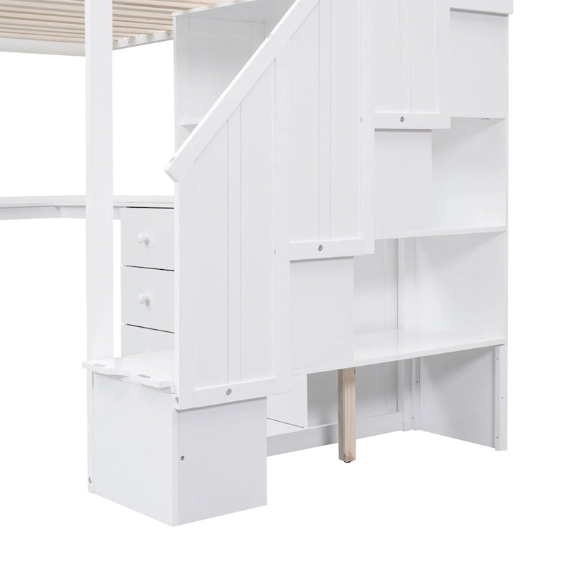 Twin Loft Bed with L-Shaped Desk Drawers Cabinet Storage Staircase Gray White