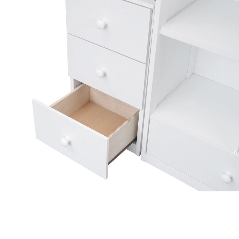 Twin Loft Bed with L-Shaped Desk Drawers Cabinet Storage Staircase Gray White