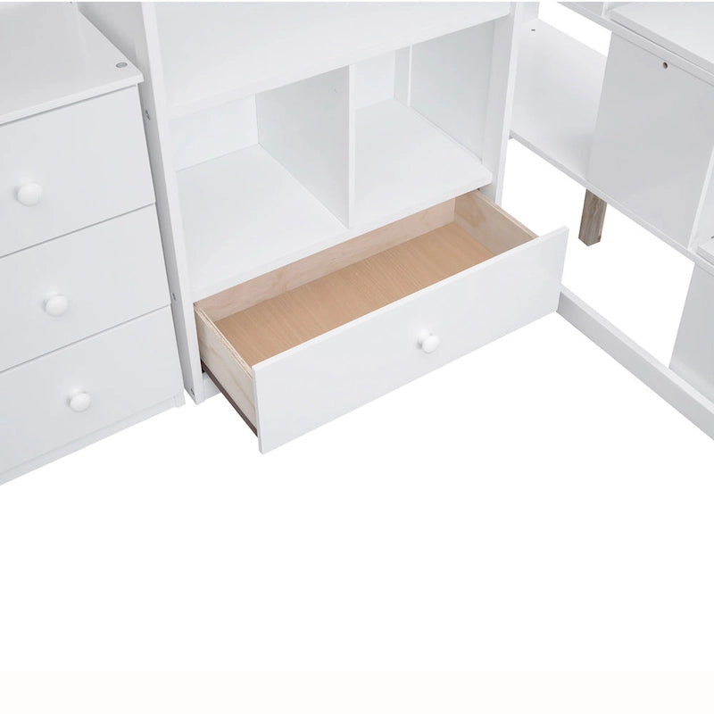 Twin Loft Bed with L-Shaped Desk Drawers Cabinet Storage Staircase Gray White