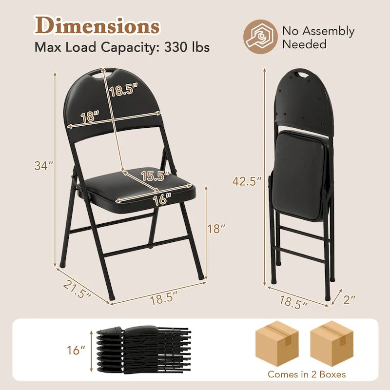Black Padded Folding Chair with Ergonomic Backrest and Metal Frame