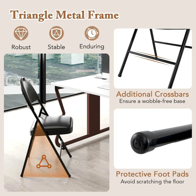 Black Padded Folding Chair with Ergonomic Backrest and Metal Frame