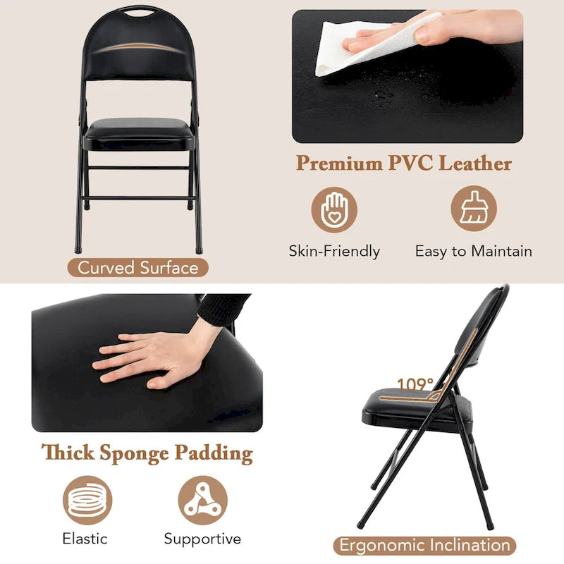 Black Padded Folding Chair with Ergonomic Backrest and Metal Frame