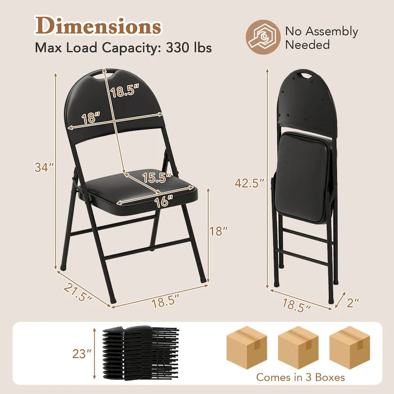 Black Padded Folding Chair with Ergonomic Backrest and Metal Frame