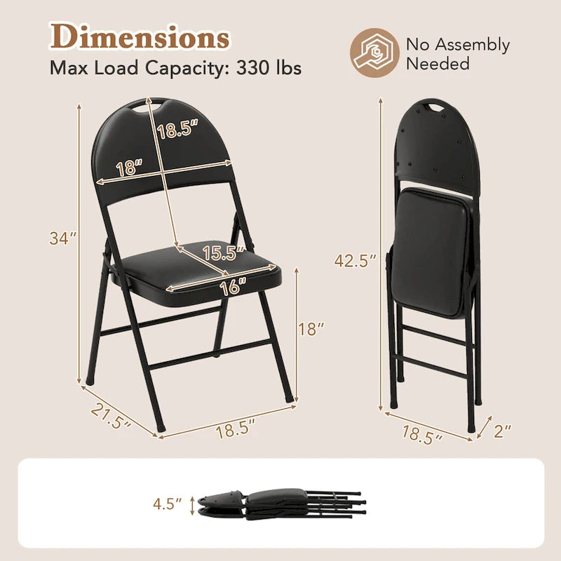Black Padded Folding Chair with Ergonomic Backrest and Metal Frame