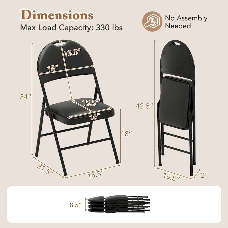 Black Padded Folding Chair with Ergonomic Backrest and Metal Frame