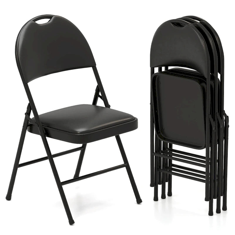 Black Padded Folding Chair with Ergonomic Backrest and Metal Frame