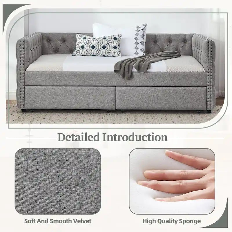 Gray Linen Button Tufted Nailhead Daybed Sofa with Storage Drawers