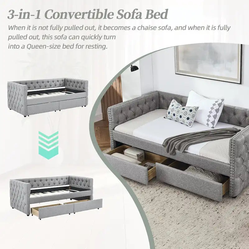 Gray Linen Button Tufted Nailhead Daybed Sofa with Storage Drawers