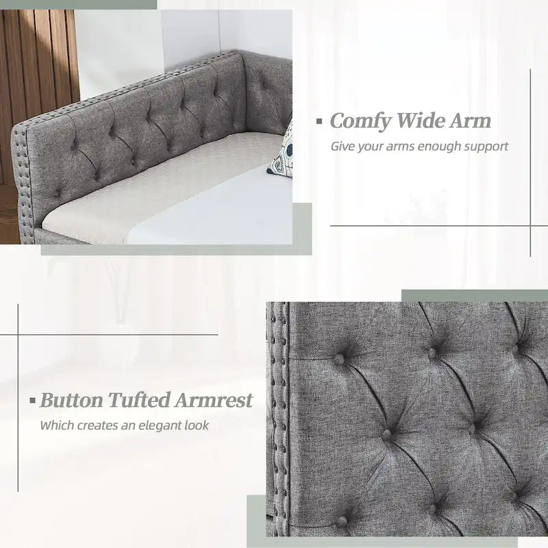 Gray Linen Button Tufted Nailhead Daybed Sofa with Storage Drawers