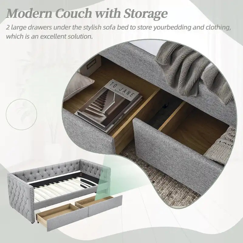 Gray Linen Button Tufted Nailhead Daybed Sofa with Storage Drawers