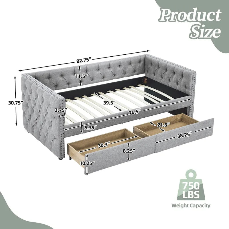 Gray Linen Button Tufted Nailhead Daybed Sofa with Storage Drawers