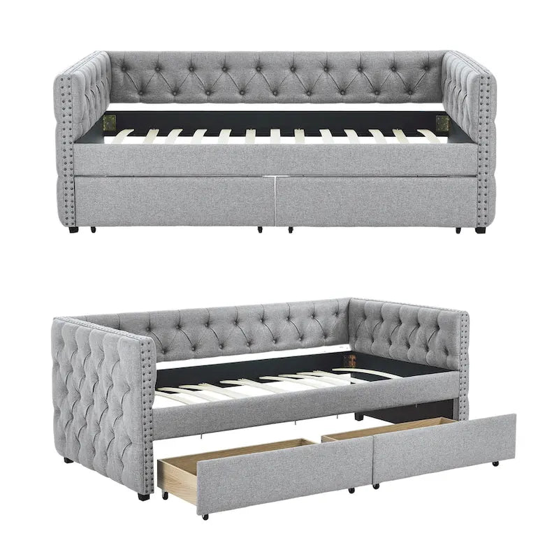 Gray Linen Button Tufted Nailhead Daybed Sofa with Storage Drawers