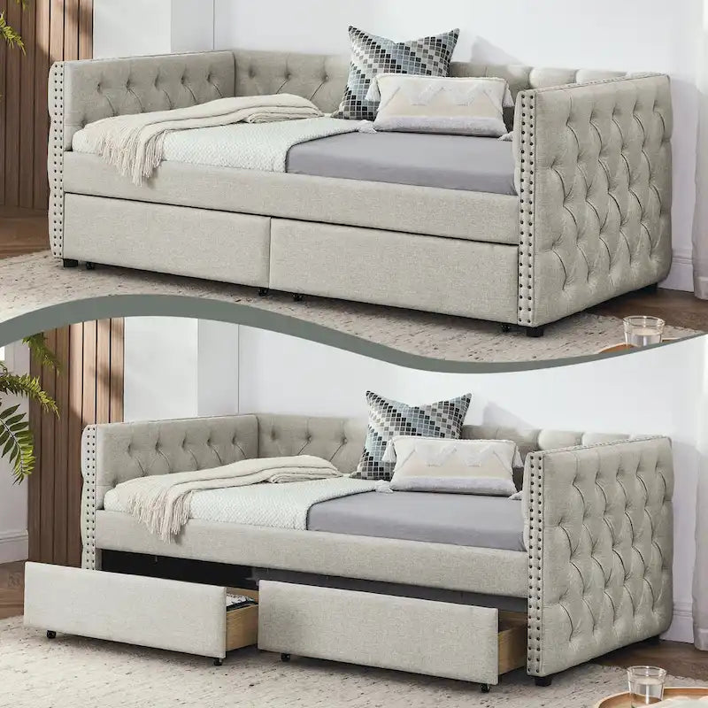 Gray Linen Button Tufted Nailhead Daybed Sofa with Storage Drawers