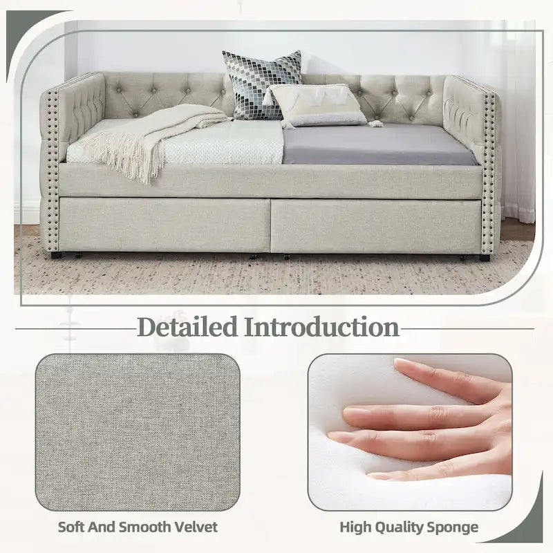 Gray Linen Button Tufted Nailhead Daybed Sofa with Storage Drawers