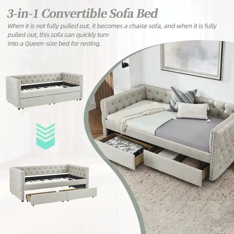 Gray Linen Button Tufted Nailhead Daybed Sofa with Storage Drawers