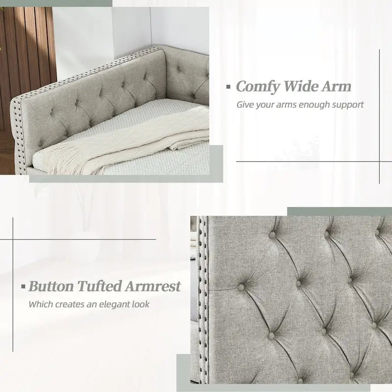 Gray Linen Button Tufted Nailhead Daybed Sofa with Storage Drawers