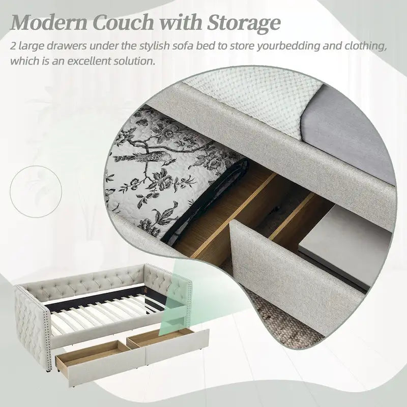 Gray Linen Button Tufted Nailhead Daybed Sofa with Storage Drawers