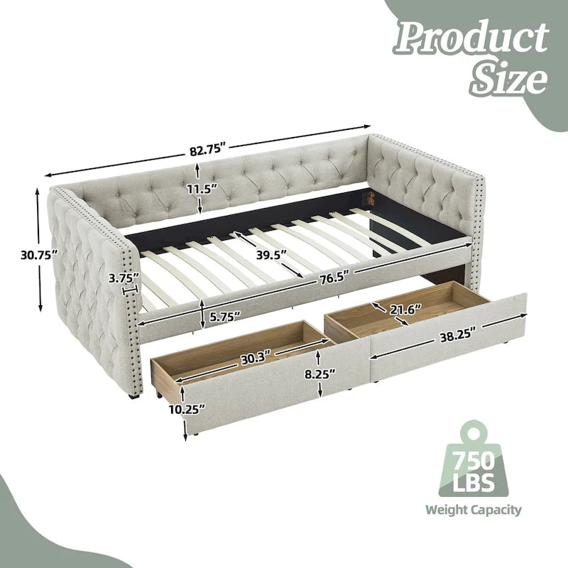 Gray Linen Button Tufted Nailhead Daybed Sofa with Storage Drawers