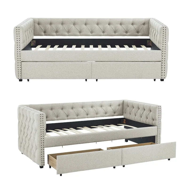 Gray Linen Button Tufted Nailhead Daybed Sofa with Storage Drawers