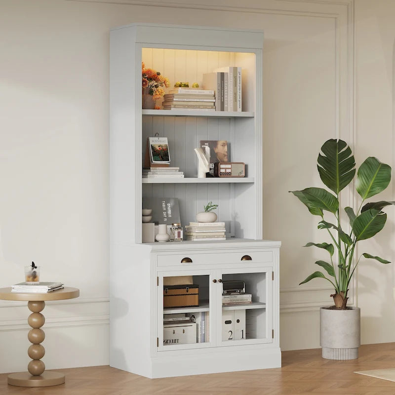 Tall White Bookcase with LED Lighting Glass Doors Drawer and Open Shelves