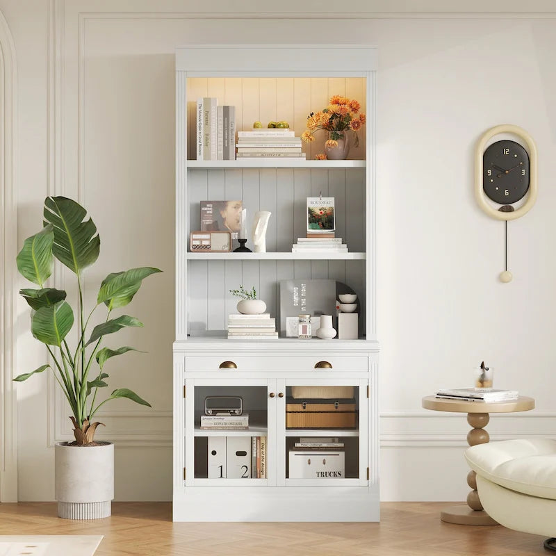 Tall White Bookcase with LED Lighting Glass Doors Drawer and Open Shelves