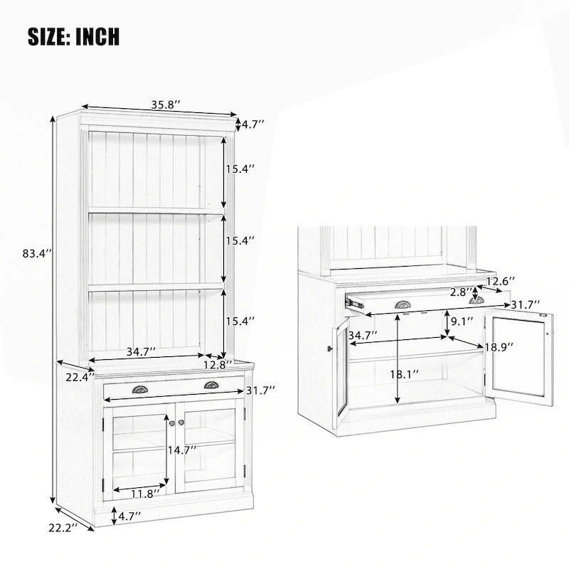 Tall White Bookcase with LED Lighting Glass Doors Drawer and Open Shelves