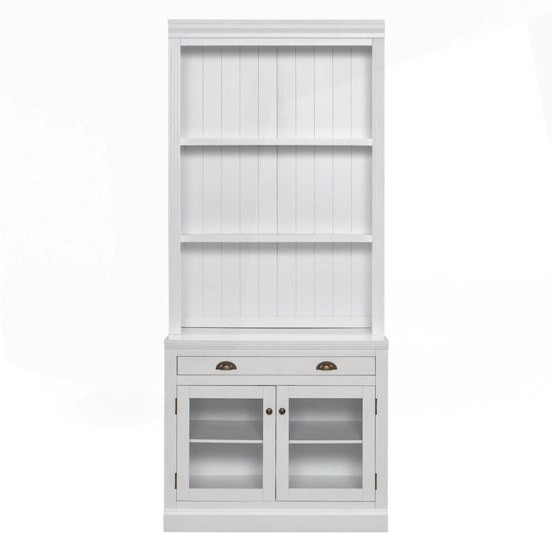 Tall White Bookcase with LED Lighting Glass Doors Drawer and Open Shelves