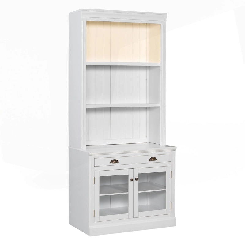 Tall White Bookcase with LED Lighting Glass Doors Drawer and Open Shelves