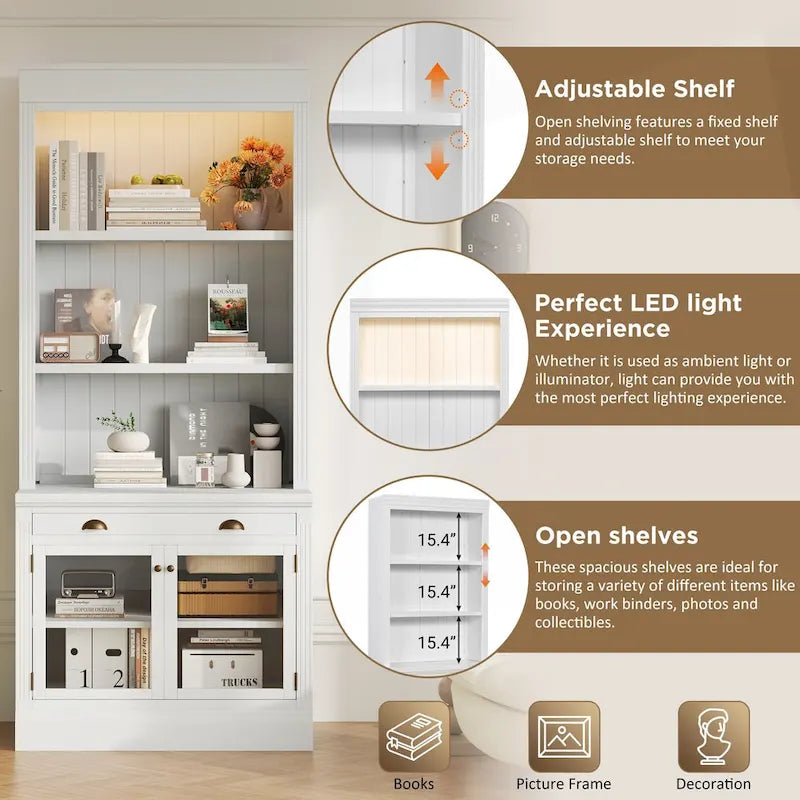 Tall White Bookcase with LED Lighting Glass Doors Drawer and Open Shelves