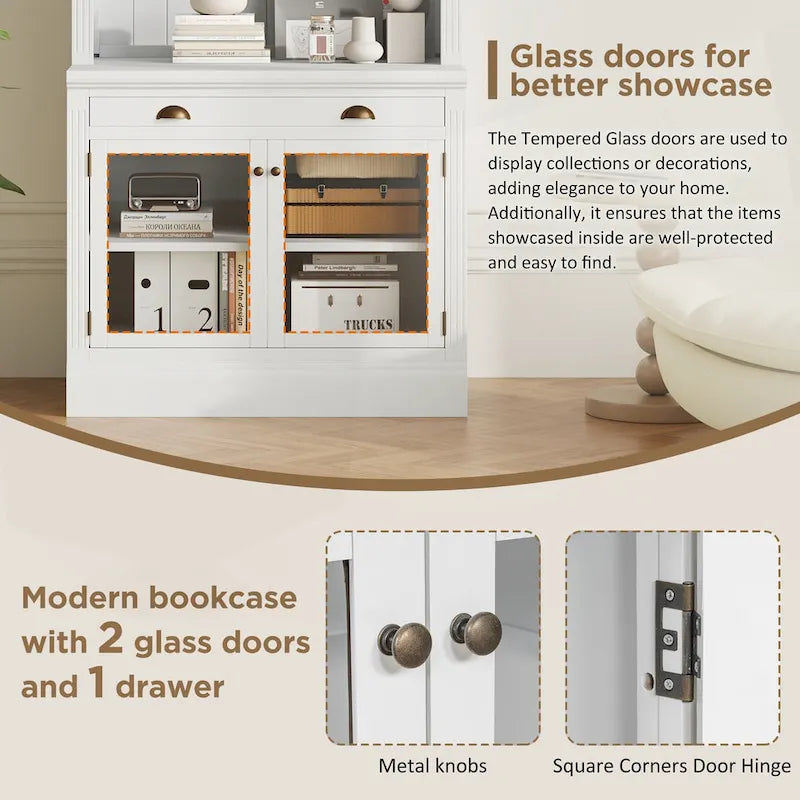 Tall White Bookcase with LED Lighting Glass Doors Drawer and Open Shelves