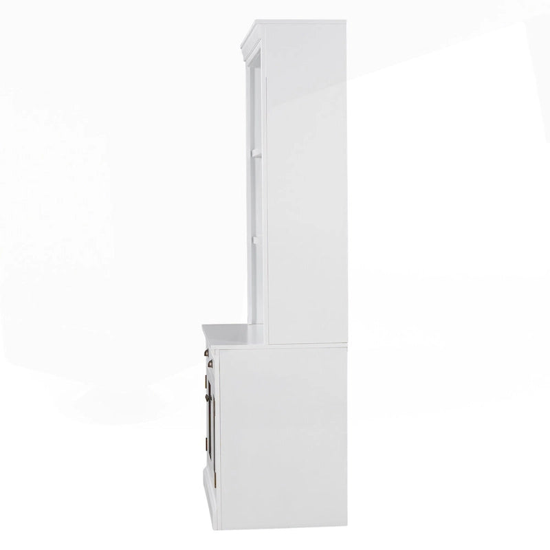 Tall White Bookcase with LED Lighting Glass Doors Drawer and Open Shelves