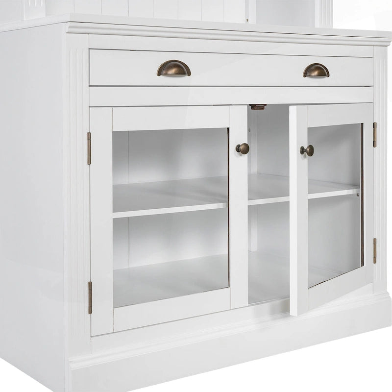 Tall White Bookcase with LED Lighting Glass Doors Drawer and Open Shelves