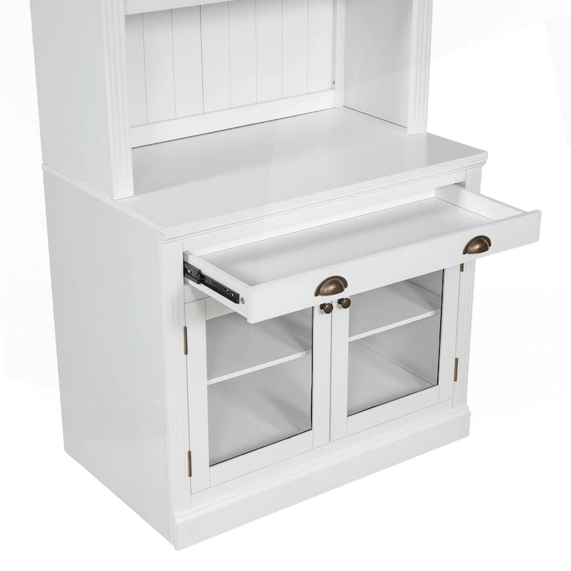 Tall White Bookcase with LED Lighting Glass Doors Drawer and Open Shelves