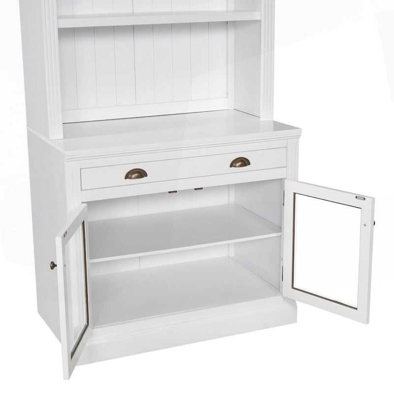Tall White Bookcase with LED Lighting Glass Doors Drawer and Open Shelves